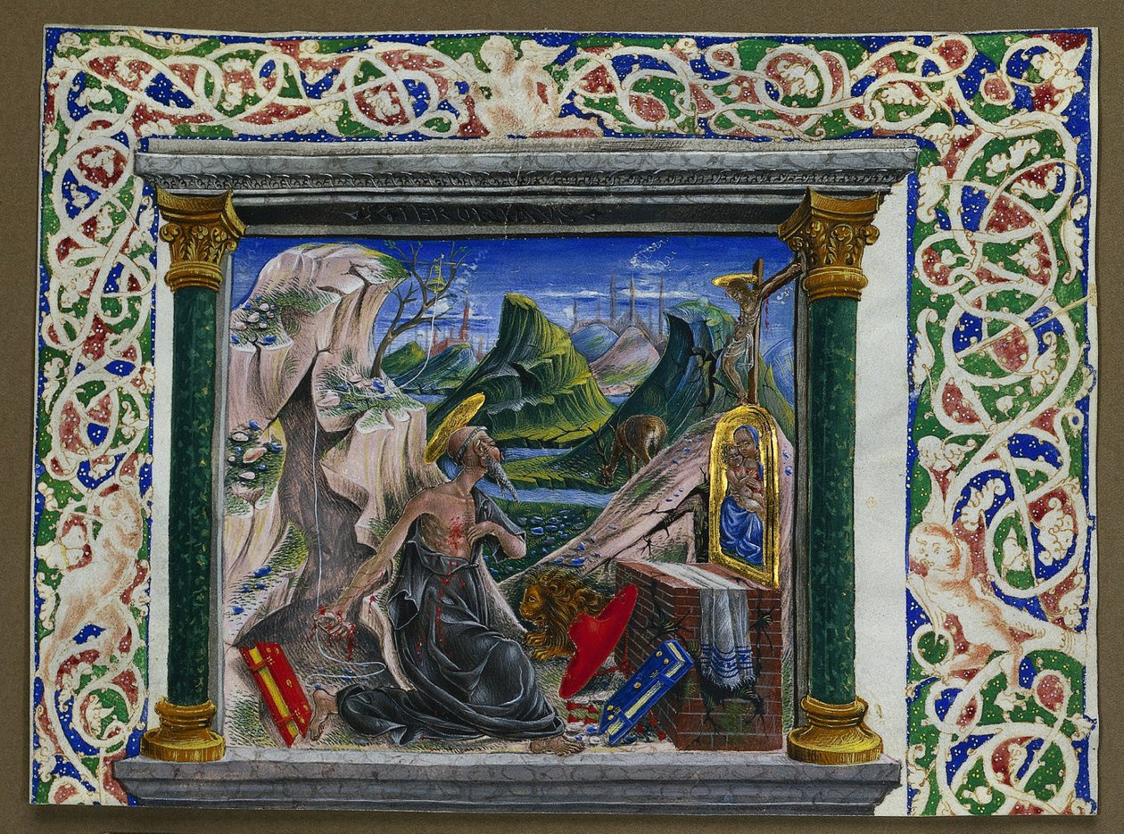 Miniatura estratta da un manoscritto: San Girolamo nel deserto da Unknown artist
