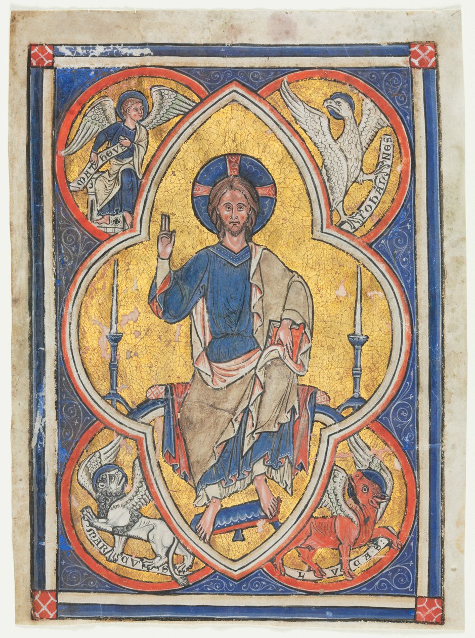 Miniatura ritagliata da un salterio: Cristo in maestà con i simboli dei quattro evangelisti da Unknown artist