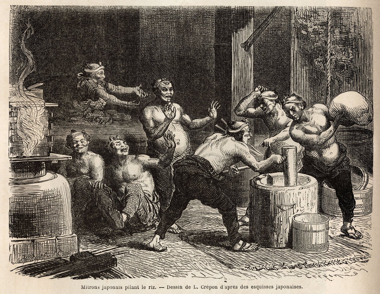 Mitrons che pestano il riso, prima che venga fermentato per fare la birra di riso. Incisione per illustrare il viaggio in Giappone, di Aime Humbert, ministro della Confederazione Svizzera, nel 1863-1864, pubblicato in "Le tour du monde" 1869, edito da Edou da Unknown artist
