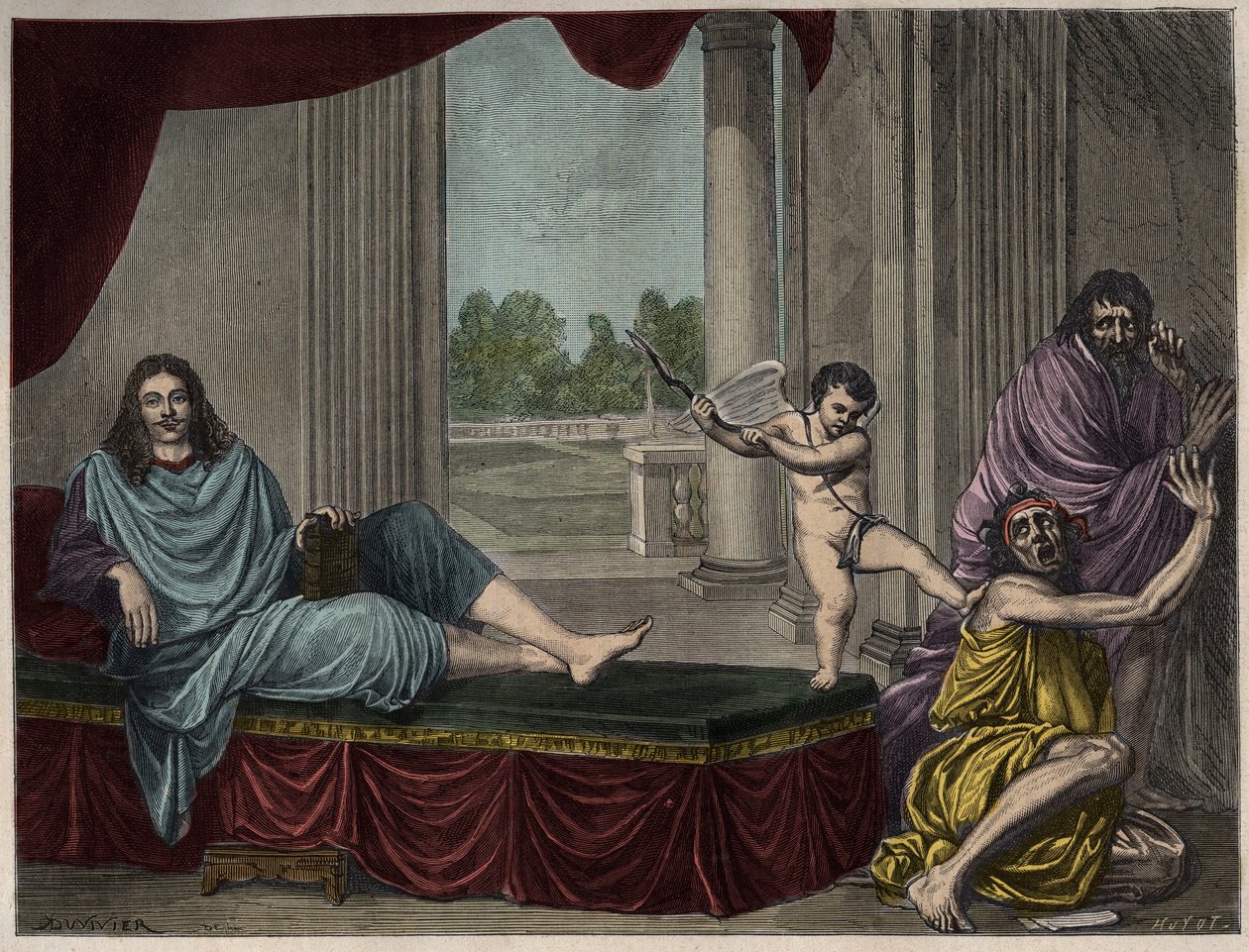 Moliere Jean Baptiste Poquelin (1622-1673) evocando il Genio della commedia per abbattere il vizio e smascherare l