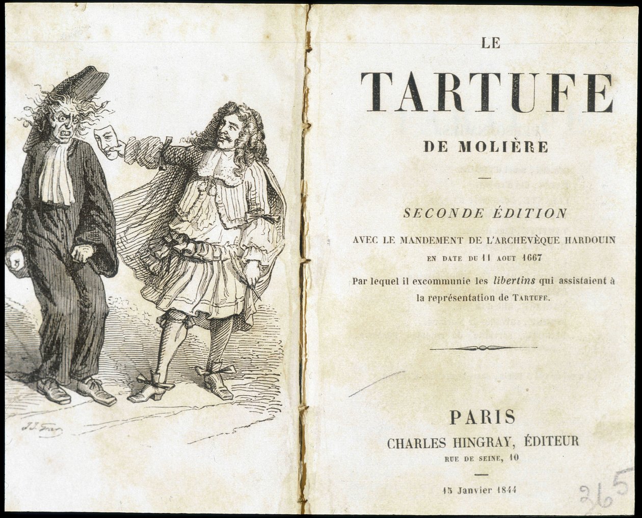 Molière che spaventa un ecclesiastico usando una maschera teatrale - Frontespizio di "Tartuffe" di Molière, ed. Hingray, Parigi da Unknown artist