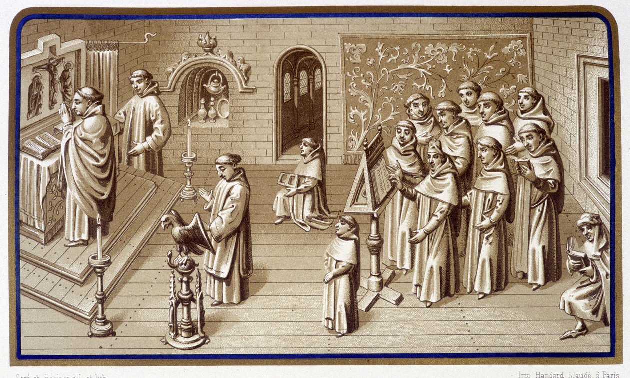 Monaci in una cappella del monastero: preghiera e coro. Grisaille dei Miracoli della Nostra Signora. Cromolitografia. XIX secolo da Unknown artist