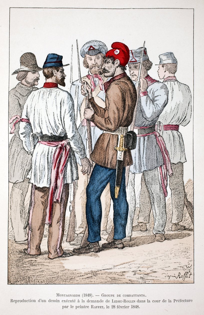 Montanari (1848), un gruppo di combattenti, uno dei quali indossa il berretto frigio e la coccarda rivoluzionaria. Acquaforte a colori, riproduzione di un disegno eseguito su richiesta di Alexandre Ledru-Rollin (Ledru Rollin) (1807-1874) nel cortile del da Unknown artist