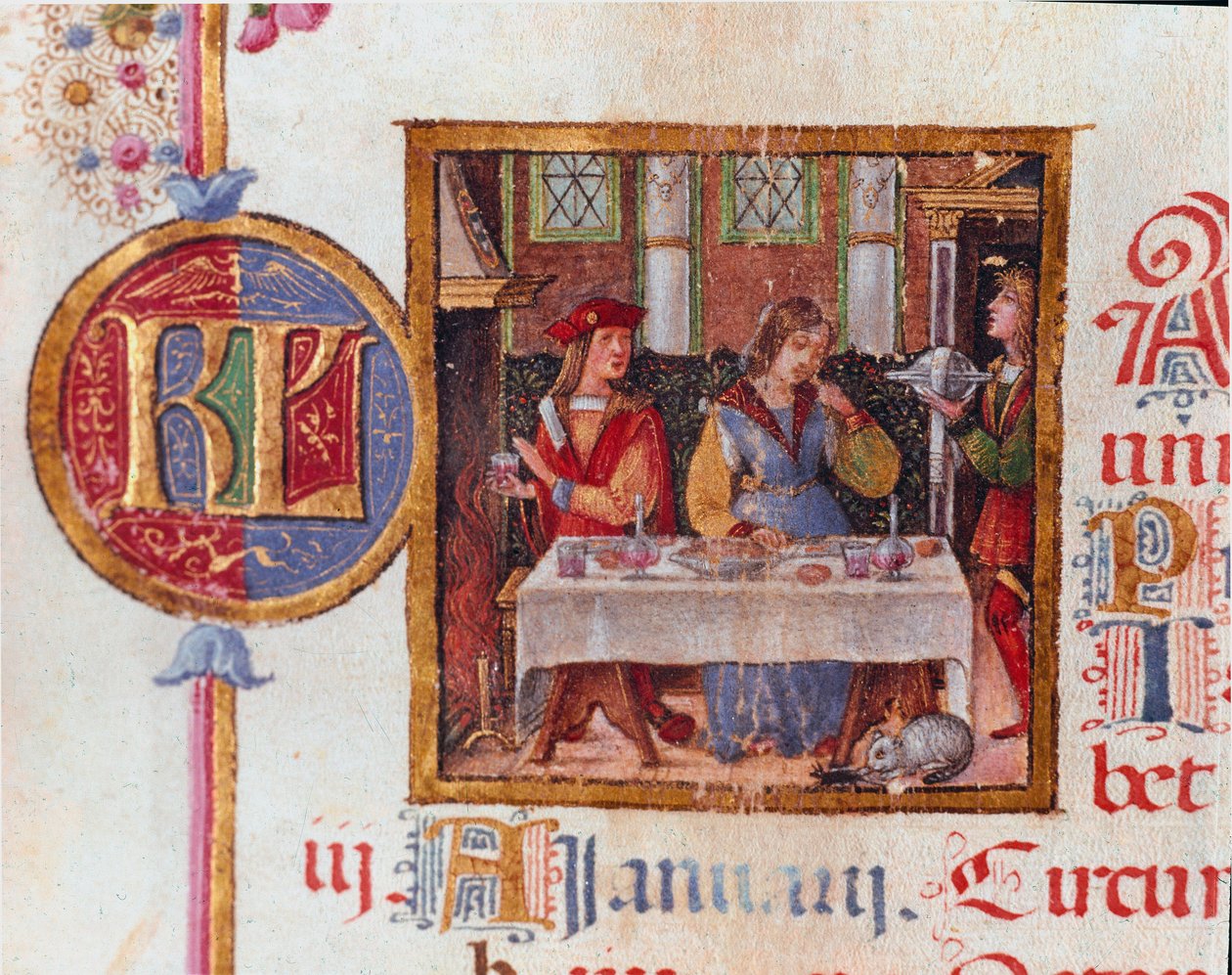 Mese di gennaio: scena di banchetto. Miniatura dal Breviario di Ercole I d