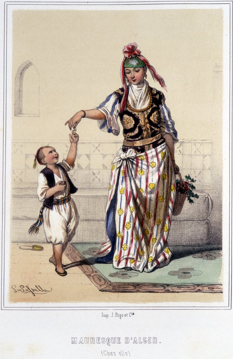 Donna moresca accompagnata da un bambino a casa ad Algeri durante la seconda metà del XIX secolo da Unknown artist