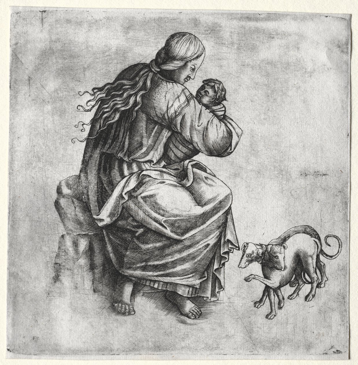 Madre e figlio con due cani da Unknown artist