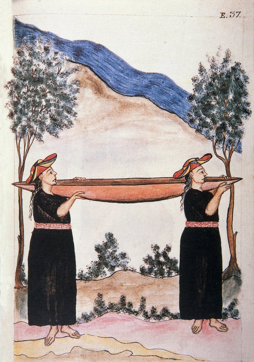 Indiani di Moyobamba con la loro canoa, dal libro "Trujillo del Peru" o "Codice Martínez Compañón", di Baltazar Martinez Compañón y Bujanda, vescovo di Trujillo (1782-1785) da Unknown artist