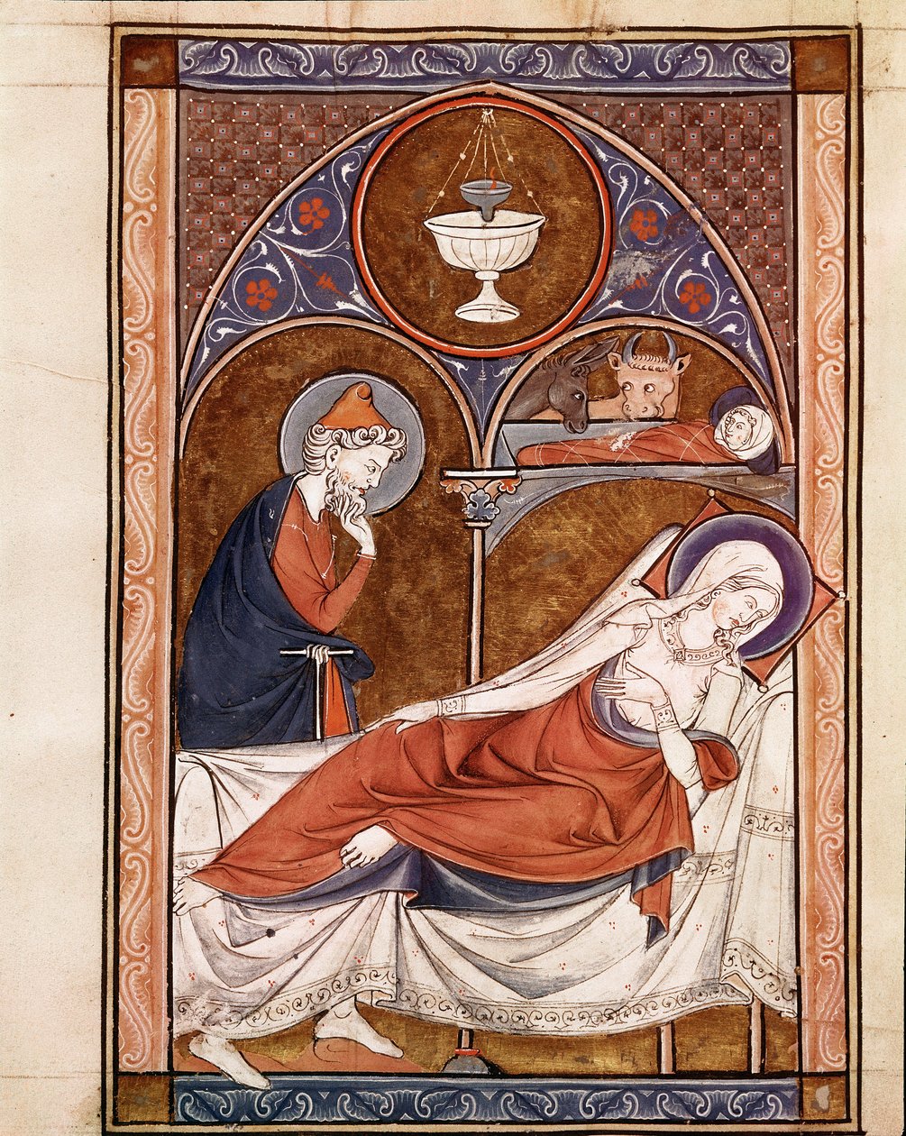 Natività: la Vergine Maria è rappresentata qui sdraiata su un letto Pagina tratta dal manoscritto 
