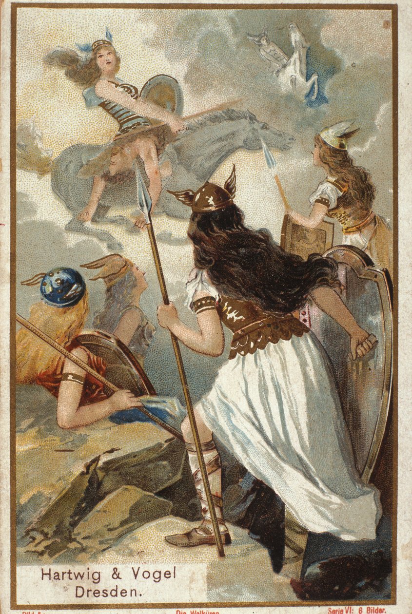 Mitologia nordica: Le Valchirie (vergini guerriere) in Valhalla e la caduta dei guerrieri in battaglia. Cromolitografia del XIX secolo da Unknown artist