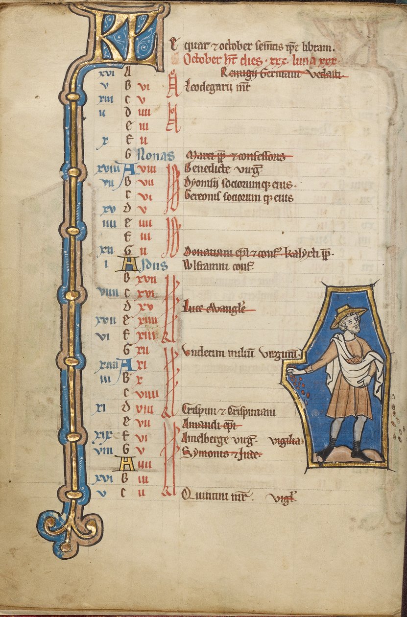 Pagina del calendario di ottobre; Semina da Unknown artist