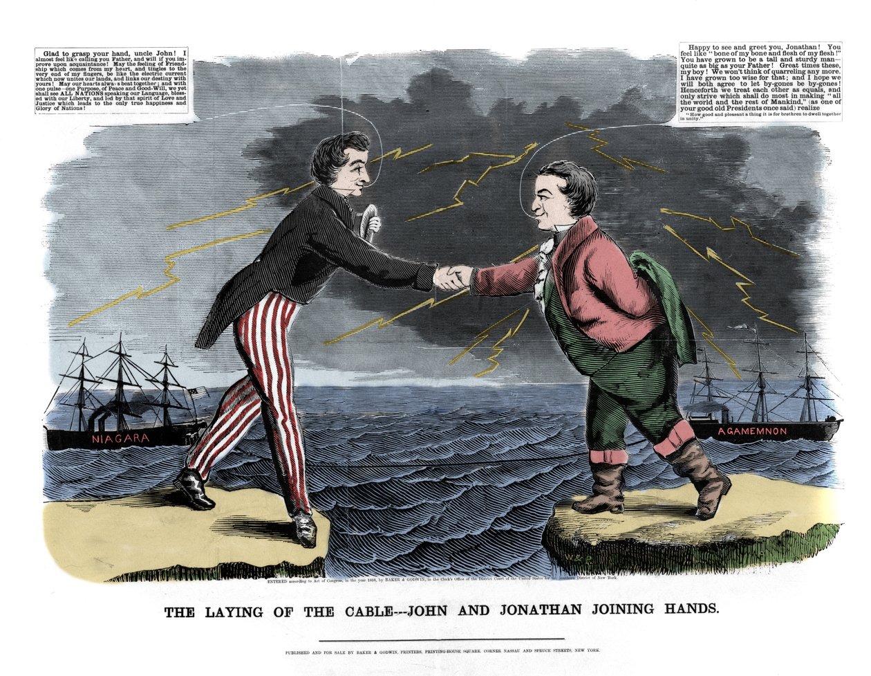 Il 17/08/1858 fu scambiato il primo messaggio transatlantico: due figure allegoriche rappresentanti John (Inghilterra) e Jonathan (Stati Uniti) si congratulano per il successo del cavo sottomarino tra Europa e Nuovo Mondo da Unknown artist