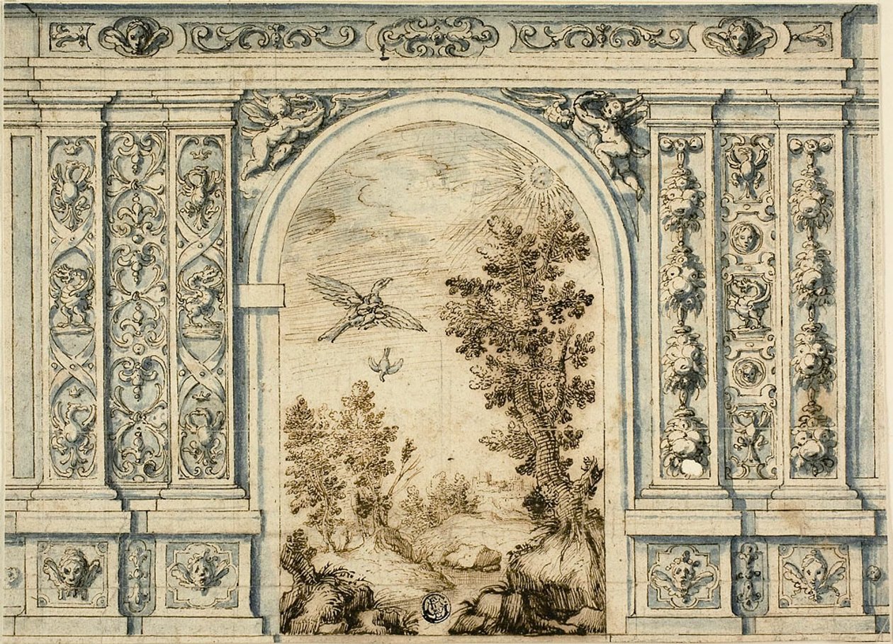 Muro ornamentale con paesaggio da Unknown artist