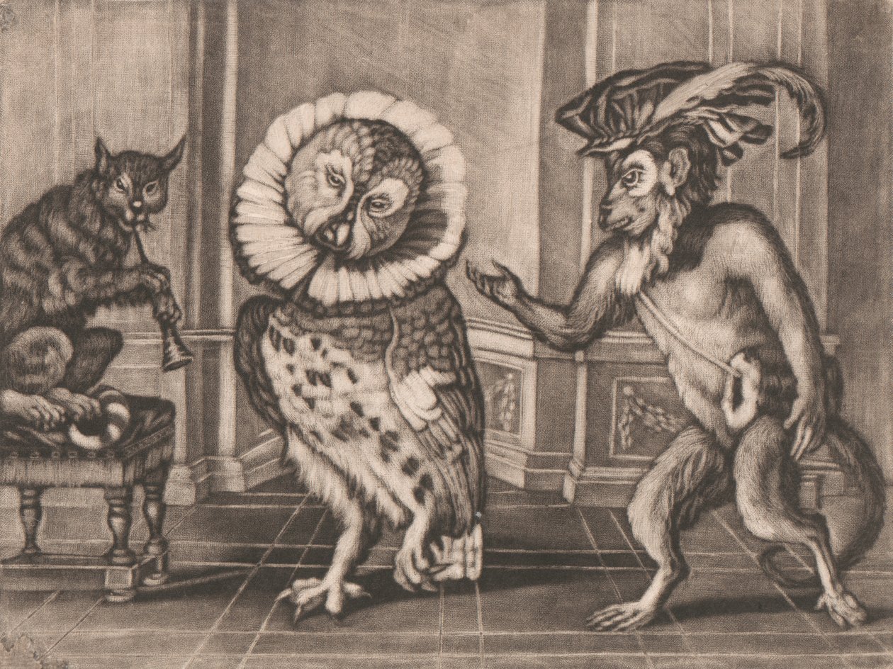Gufo, Scimmia e Gatto da Mezzotintoes di Smith, Vol. III da Unknown artist