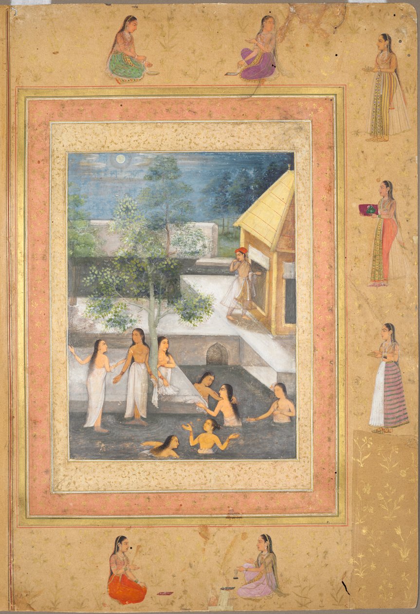 Pagina dal tardo album di Shah Jahan: Scena di bagno notturno nell