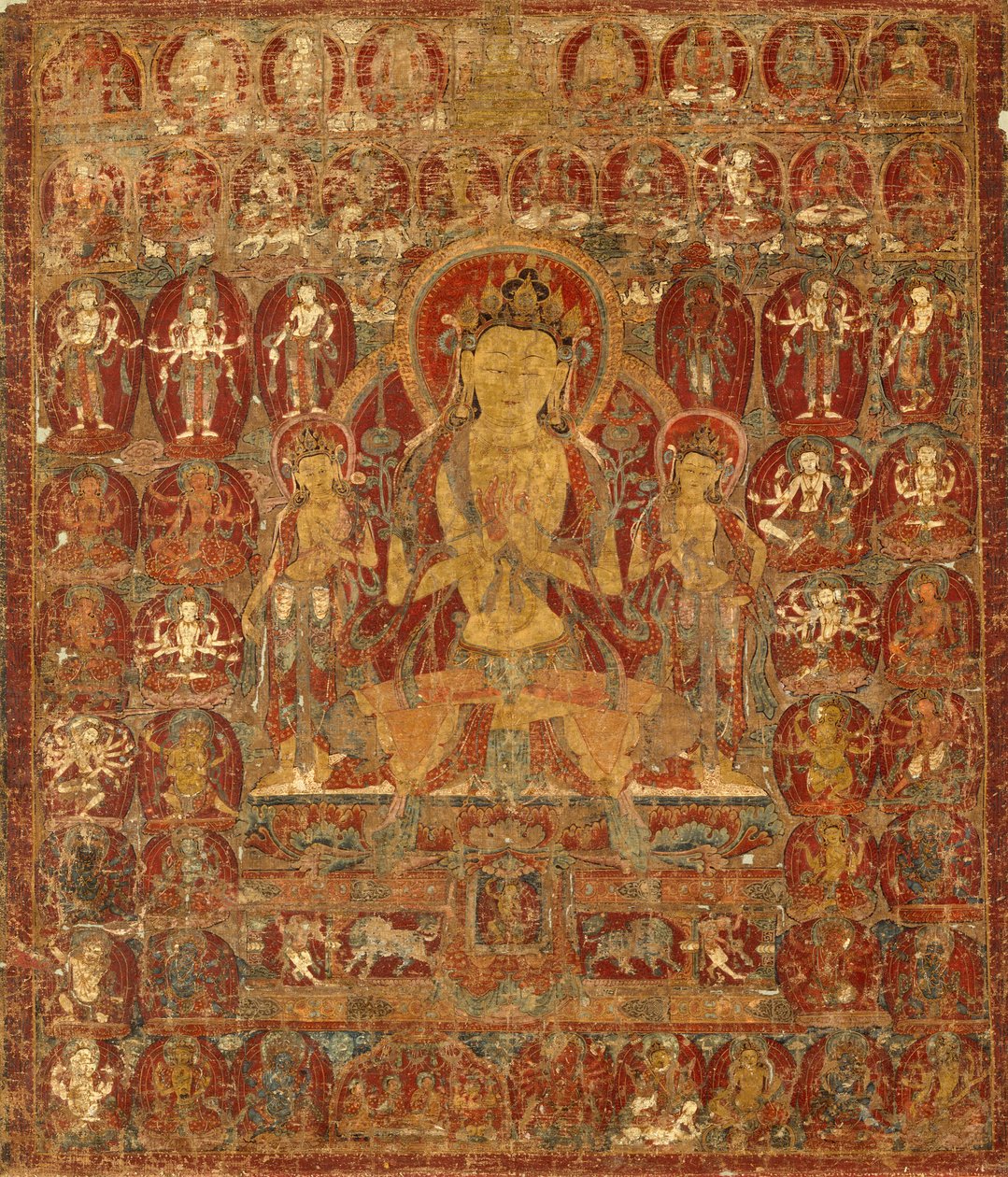 Stendardo dipinto (Thangka) del Bodhisattva Manjushri con Vajrapani (a destra) e Padmapani (a sinistra) da Unknown artist
