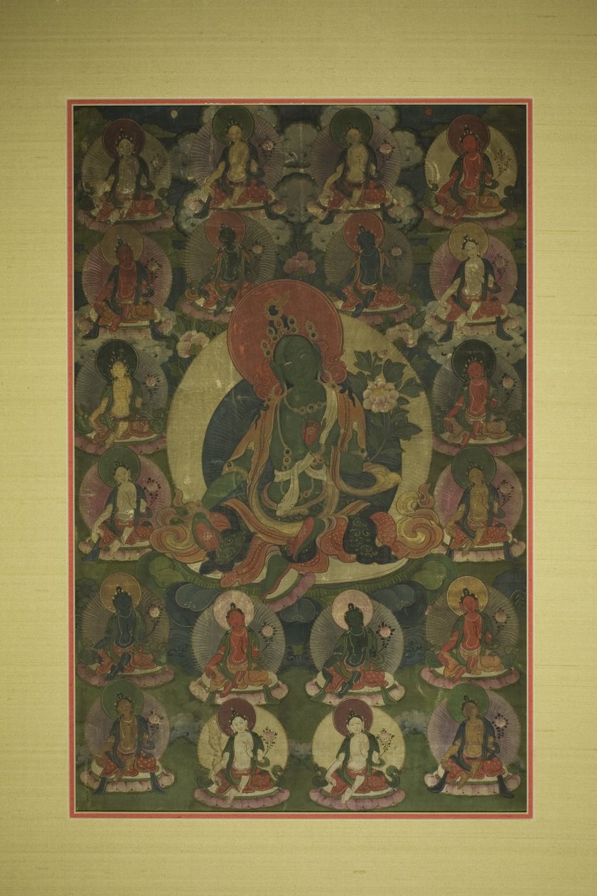Stendardo dipinto (Thangka) di Tara Verde circondata da venti manifestazioni da Unknown artist