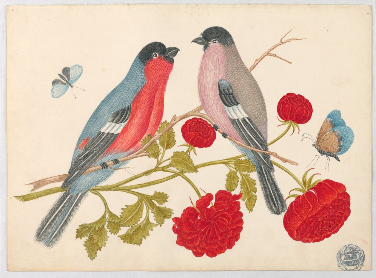 Coppia di Uccelli su Ramo con Rose e Farfalle da Unknown artist