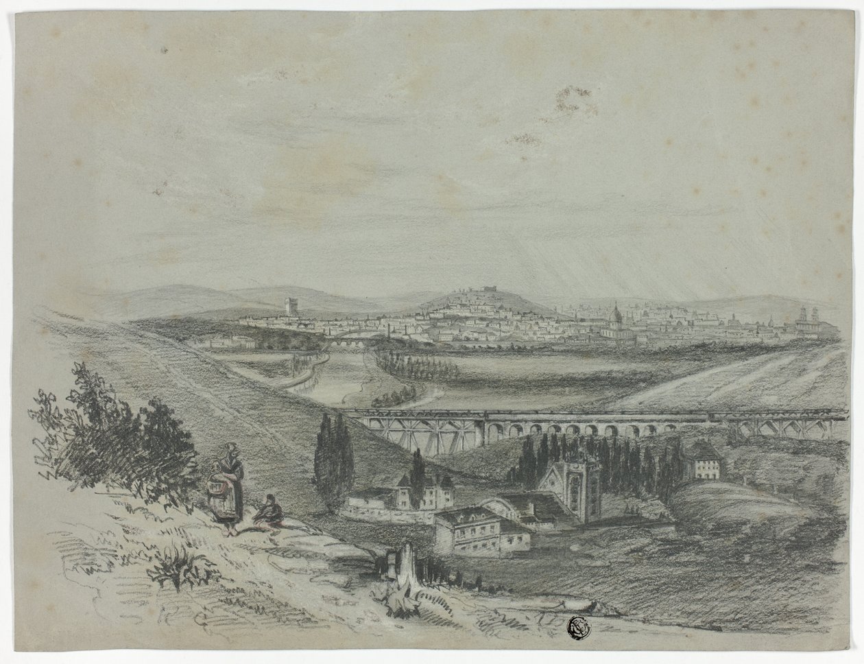Vista panoramica di un ponte ferroviario e della città da Unknown artist