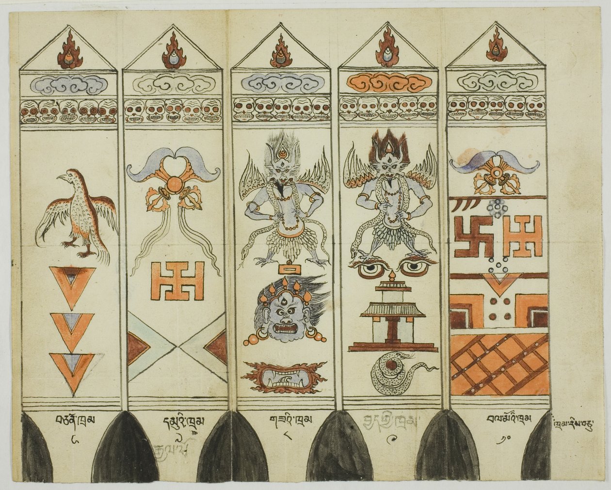 Parte di un set di dieci pezzi di pali rituali stampati (Khram Shing) da Unknown artist