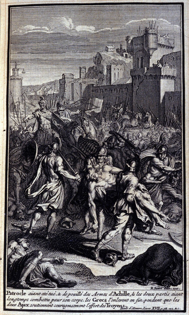 Patroclo, ucciso e spogliato delle armi di Achille, e le due parti che combattono a lungo per il suo corpo, i Greci alla fine lo portano via mentre i due Aiace sostengono coraggiosamente lo sforzo dei Troiani; Illustrazione del libro XVII dell
