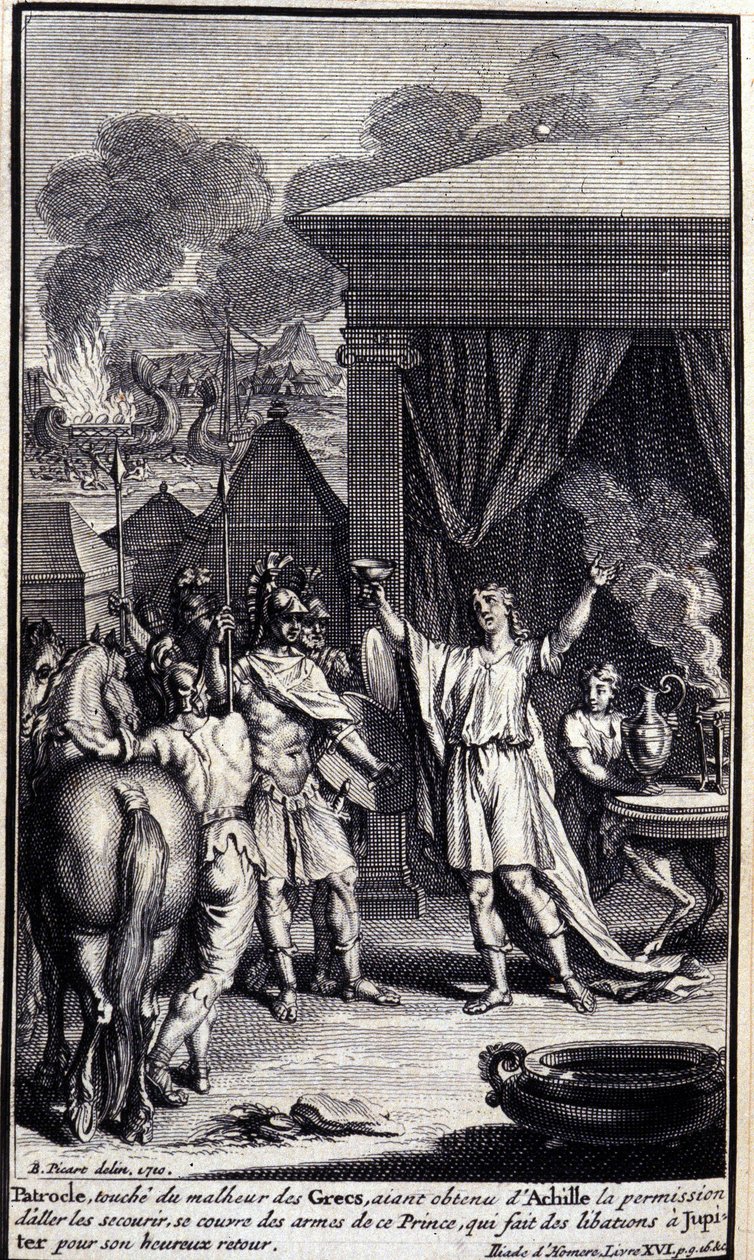 Patroclo, toccato dalla sventura dei Greci, avendo ottenuto il permesso da Achille di andare a soccorrerli, si copre con le armi di questo principe, che fa libagioni a Giove per il suo felice ritorno. Illustrazione del libro XVI dell