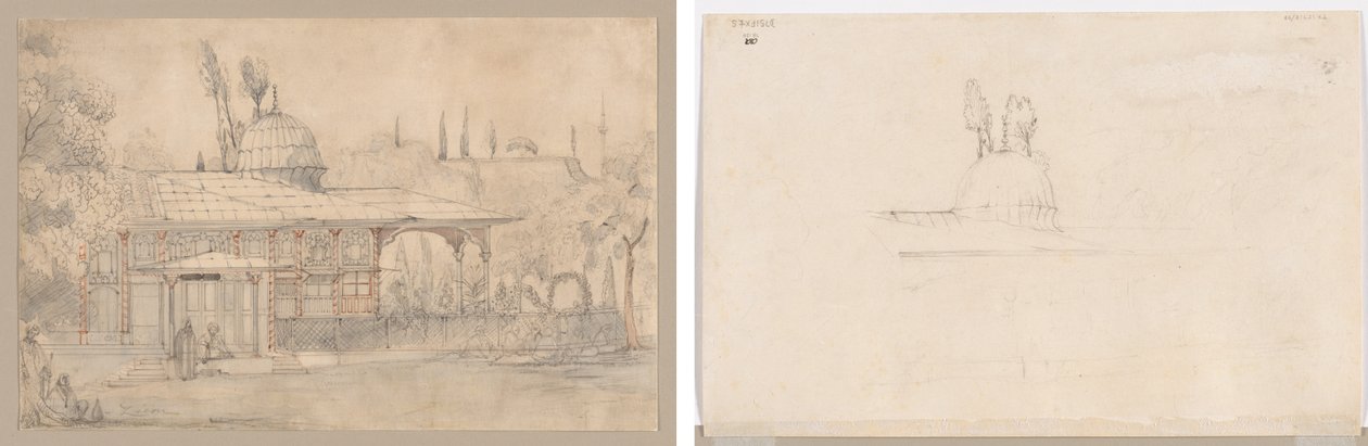 Padiglione vicino a una moschea (recto) Schizzo per Padiglione vicino a una moschea (verso) da Unknown artist