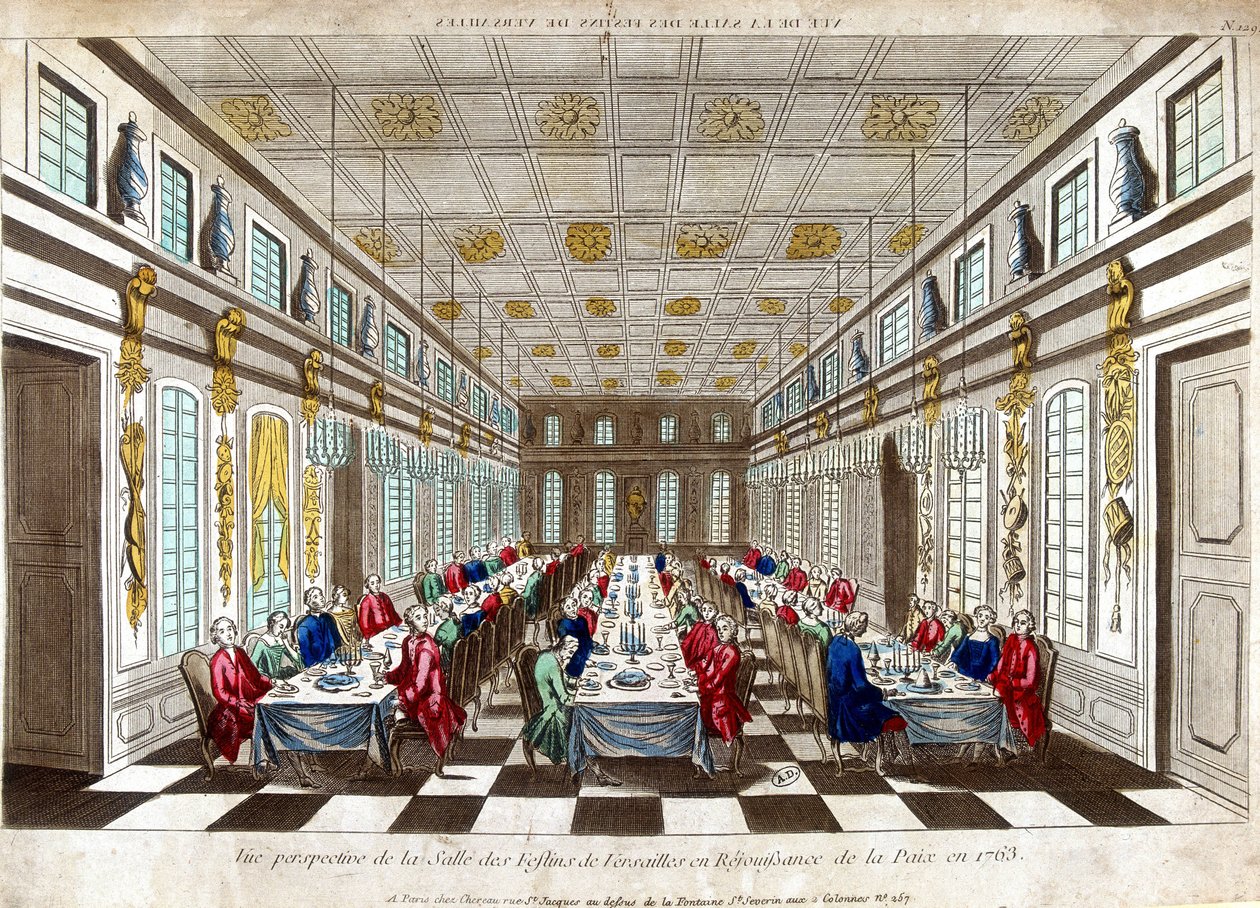 Veduta prospettica della Salle des Festins di Versailles in celebrazione della pace nel 1763 tra Gran Bretagna, Francia e Spagna da Unknown artist