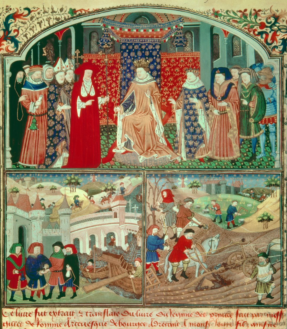 Filippo il Bello con scena di aratura e scena di mercanti. Miniatura in 