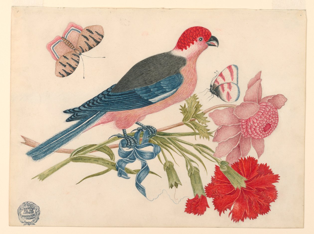 Uccello Rosa, Rosso, Blu e Nero su Ramo con Fiori e Farfalle da Unknown artist