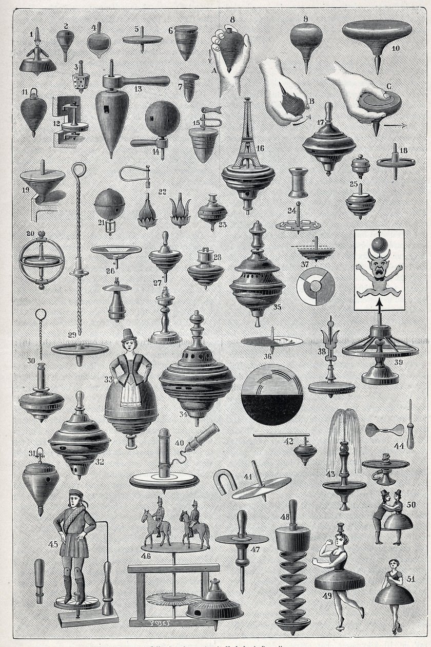 Tavola che mostra una collezione di filatori con diverse forme e sistemi di rotazione. Incisione in "La Nature" da Unknown artist