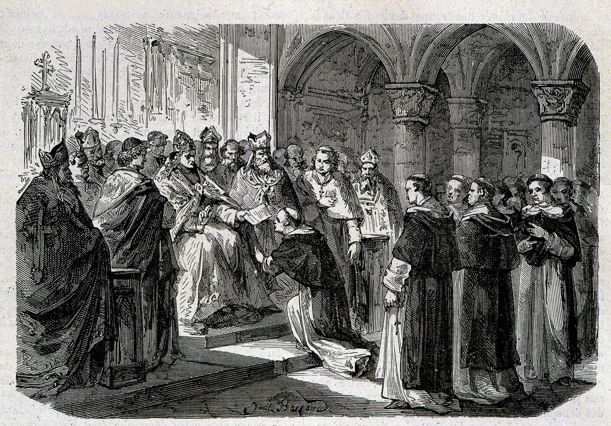 Papa Adriano II (792-872) consegnò a uno dei suoi legati una bolla di scomunica contro il Signore Normanno. Incisione - in "Storia dei Papi", sd. XIX secolo da Unknown artist