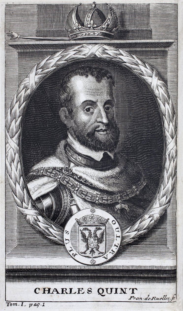 Ritratto di Carlo V (1500-1558), Re di Spagna e delle Americhe spagnole, Re di Sicilia e Imperatore del Sacro Romano Impero Germanico (1519-1556) (incisione) da Unknown artist
