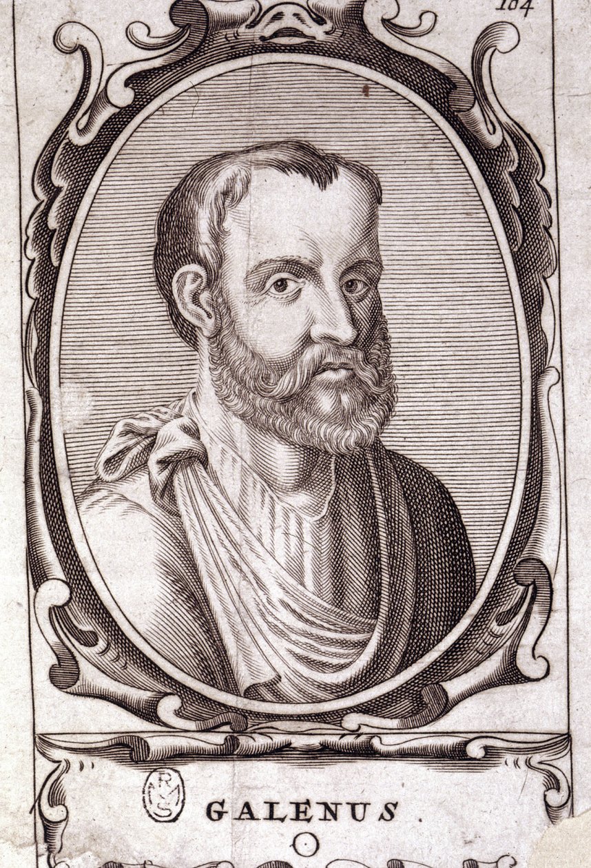 Ritratto di Claudio Galeno (Klaudios Galenos o Claudio Galeno o Claudius Galenus o Galeno, ca. 131 - ca. 201), medico greco. Incisione del XVIII secolo da Unknown artist