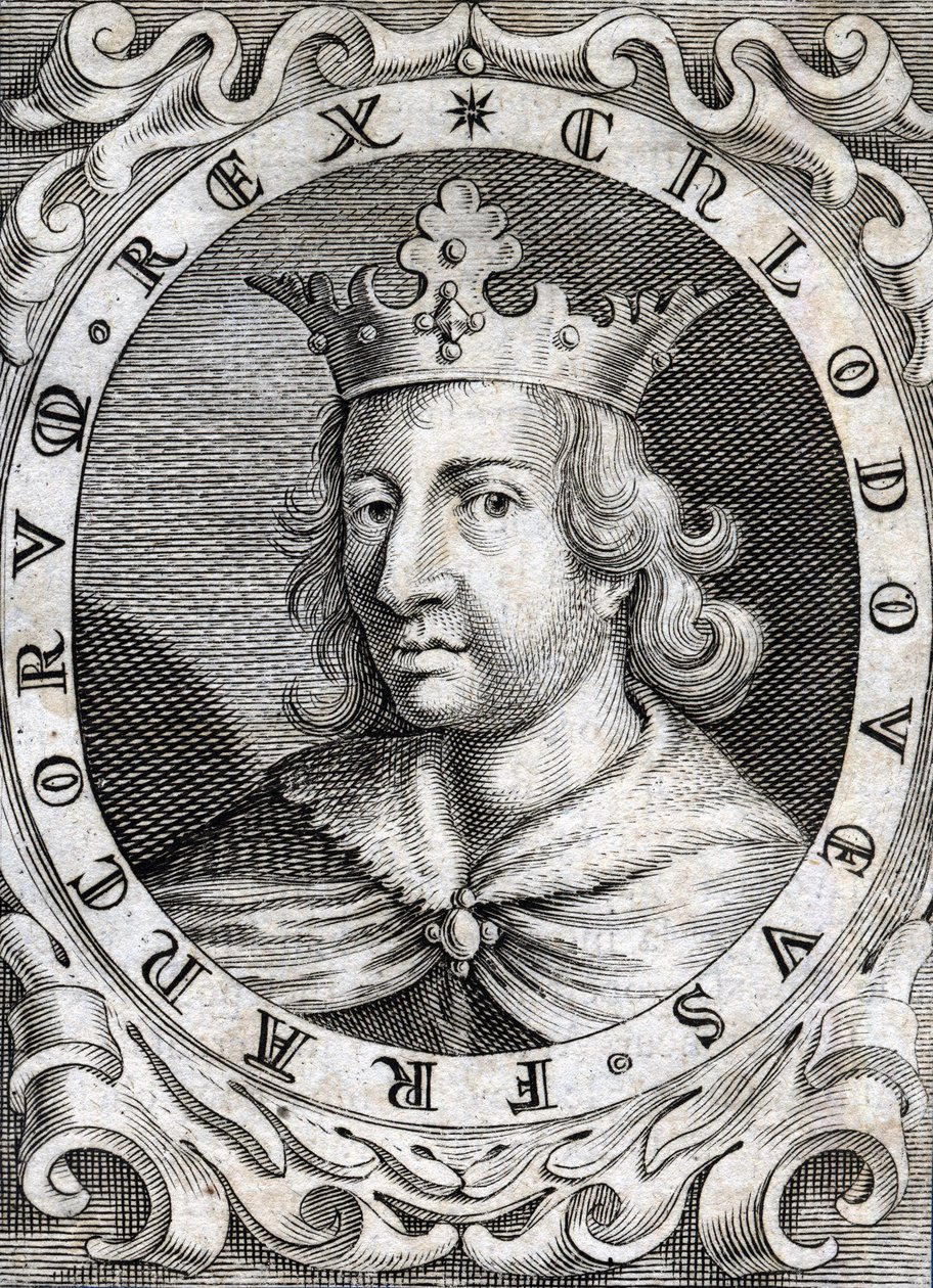 Ritratto di Clodoveo II (? - 657), re di Neustria, Borgogna e Austrasia, incisione del XVIII secolo da Unknown artist