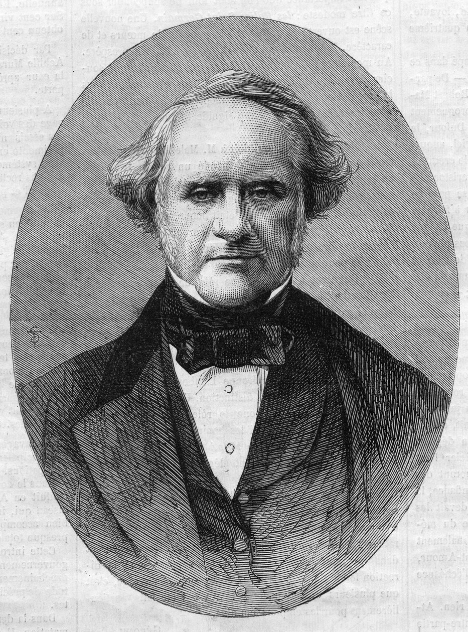 Ritratto di George Peabody (1795-1869), imprenditore e filantropo, fondatore del Peabody Institute Conservatory della Johns Hopkins University nel Maryland, Stati Uniti. Incisione in "L