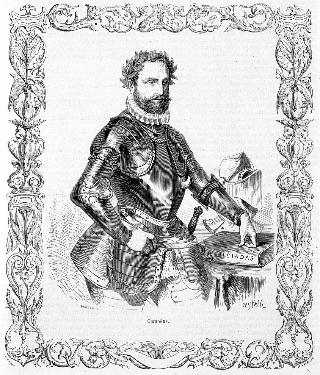 Ritratto di Luis de Camoens in armatura - incisione da Unknown artist