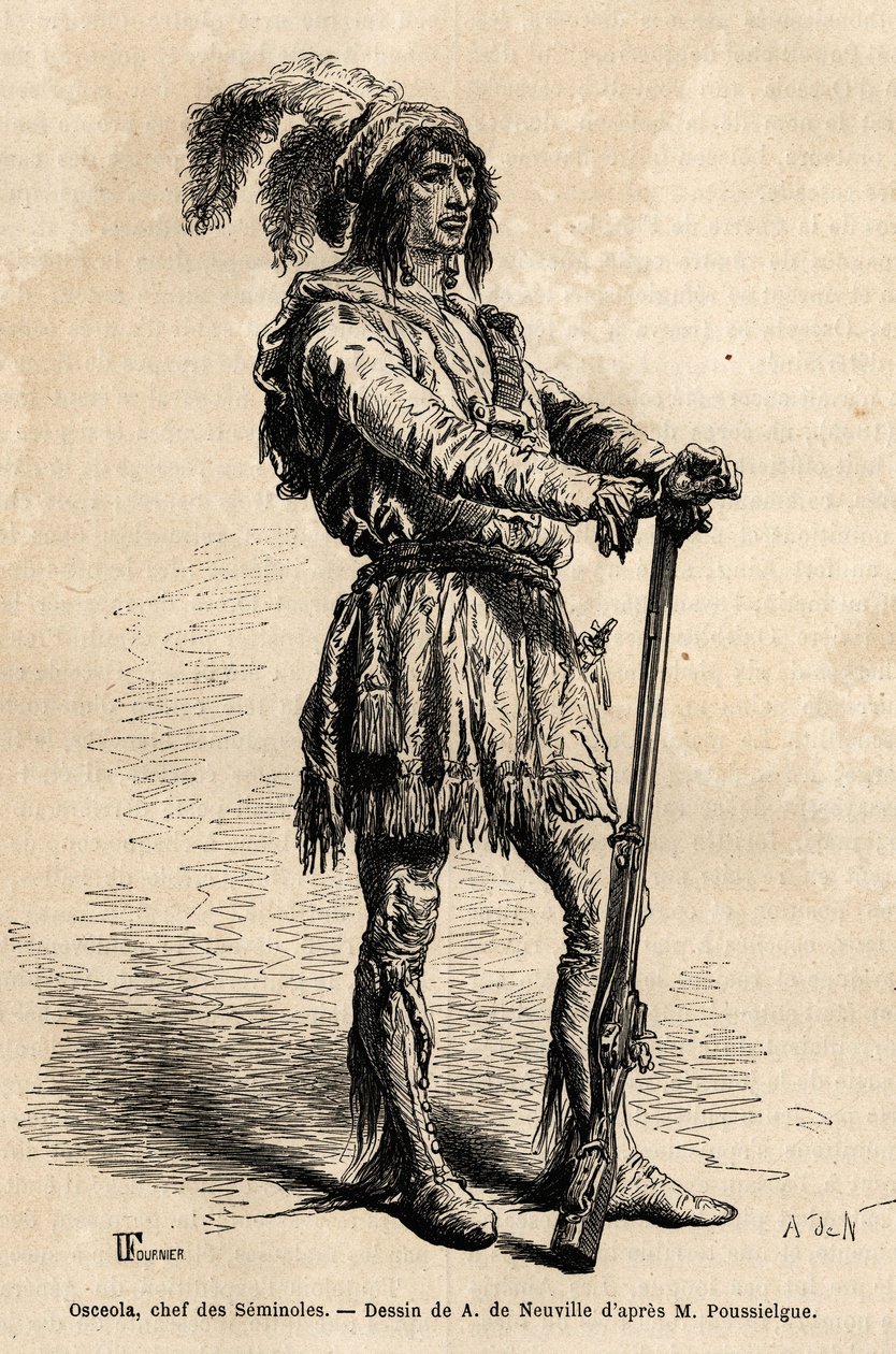Ritratto di Osceola (1804-1838), capo dei Seminole, alla guida della resistenza indiana contro gli Stati Uniti durante la Guerra della Florida (1835-1842). Incisione per illustrare il racconto quattro mesi in Florida, di Achille Pousselgue nel 1851-1852, p da Unknown artist