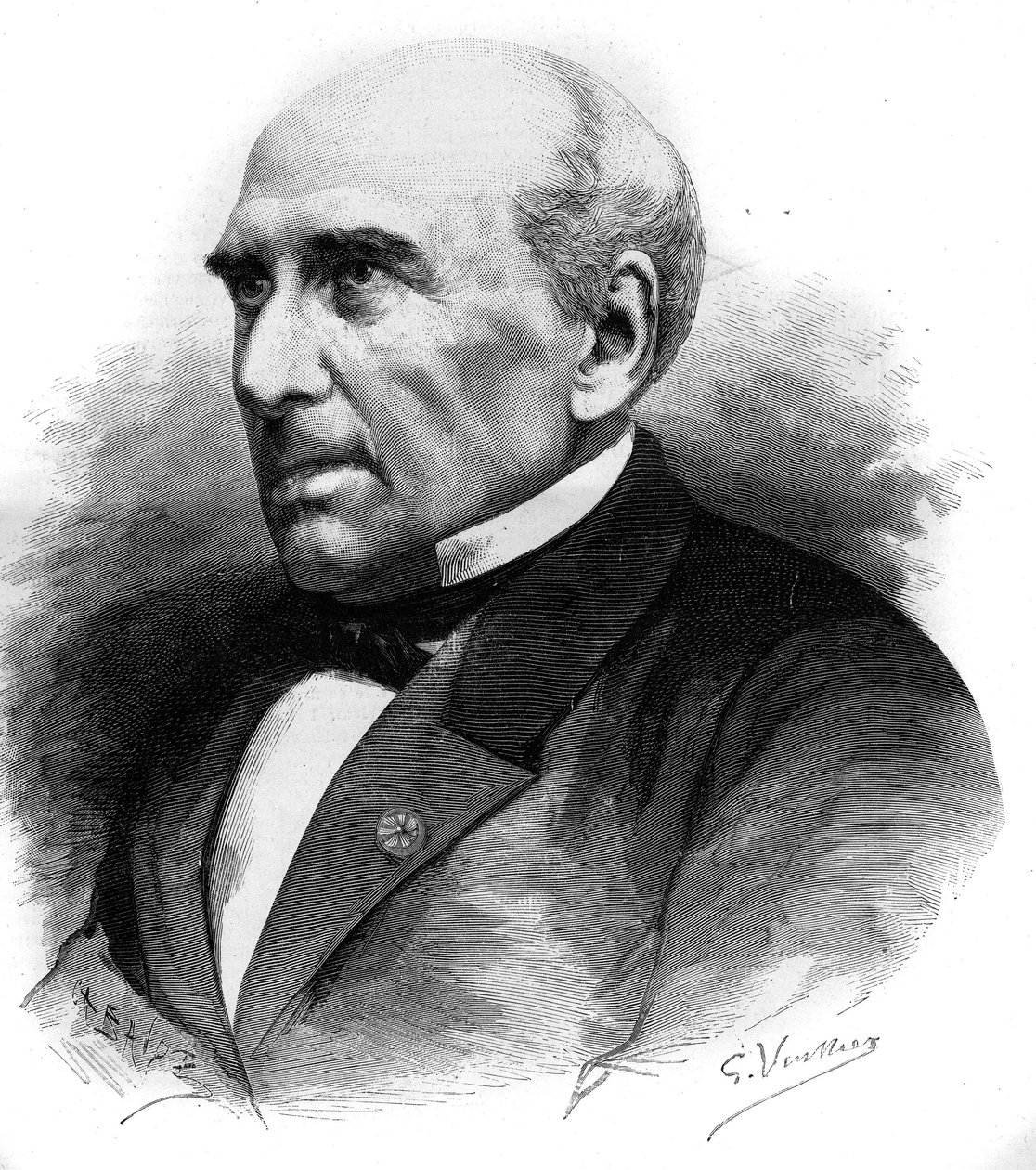Ritratto di Pierre Guillaume Frédéric Le Play (Pierre-Guillaume-Frédéric) (1806-1882), ingegnere e sociologo francese. Incisione in "Le Monde Illustré" n°1306 dell
