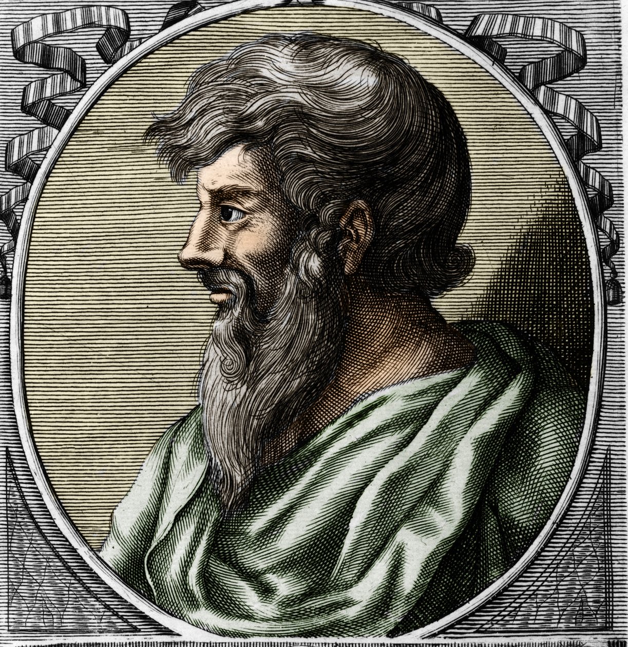 Ritratto di Pitagora (ca. 570 - ca. 480 a.C.), matematico e filosofo greco. Incisione del XVIII secolo da Unknown artist