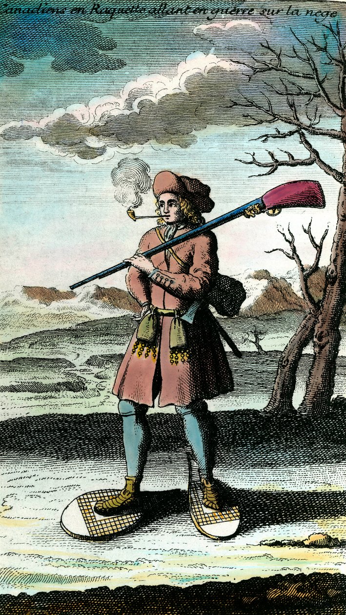 Ritratto di un canadese con racchette da neve sulla neve che va in guerra. Incisione del XVIII secolo. Collezione privata. da Unknown artist