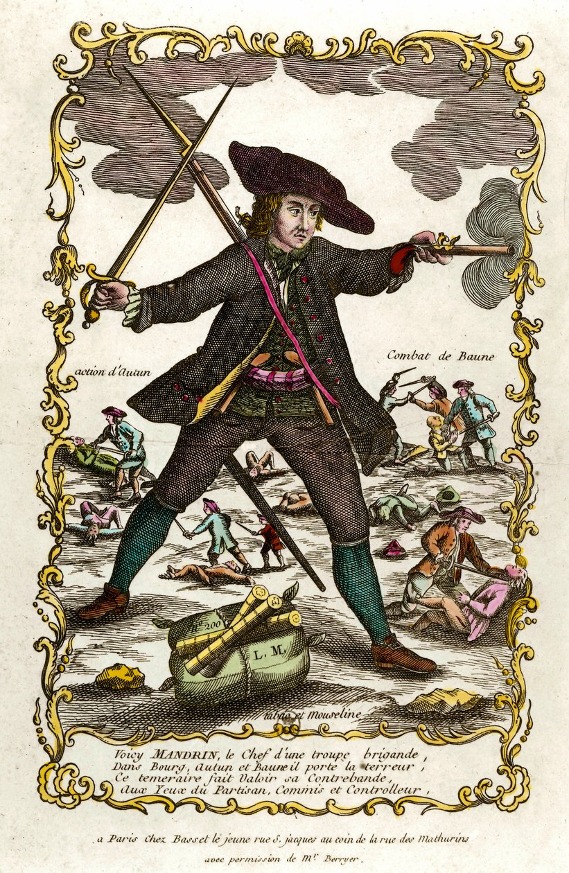 Ritratto del brigante francese Louis Mandrin (ca. 1725-1755). Dietro di lui, azione di Autun e battaglia di Baune. Incisione del XVIII secolo. Collezione privata da Unknown artist
