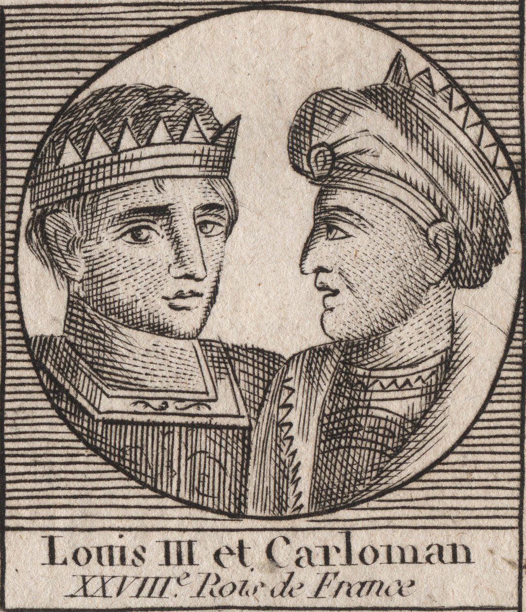 Ritratti di Luigi III (863/65-882) Re dei Franchi tra il 879 e il 882 e Carlomanno II (866-884), Re dei Franchi dal 879 al 884 - Luigi II Re della Francia Occidentale e Carlomanno II, Re della Francia Occidentale - incisione da 