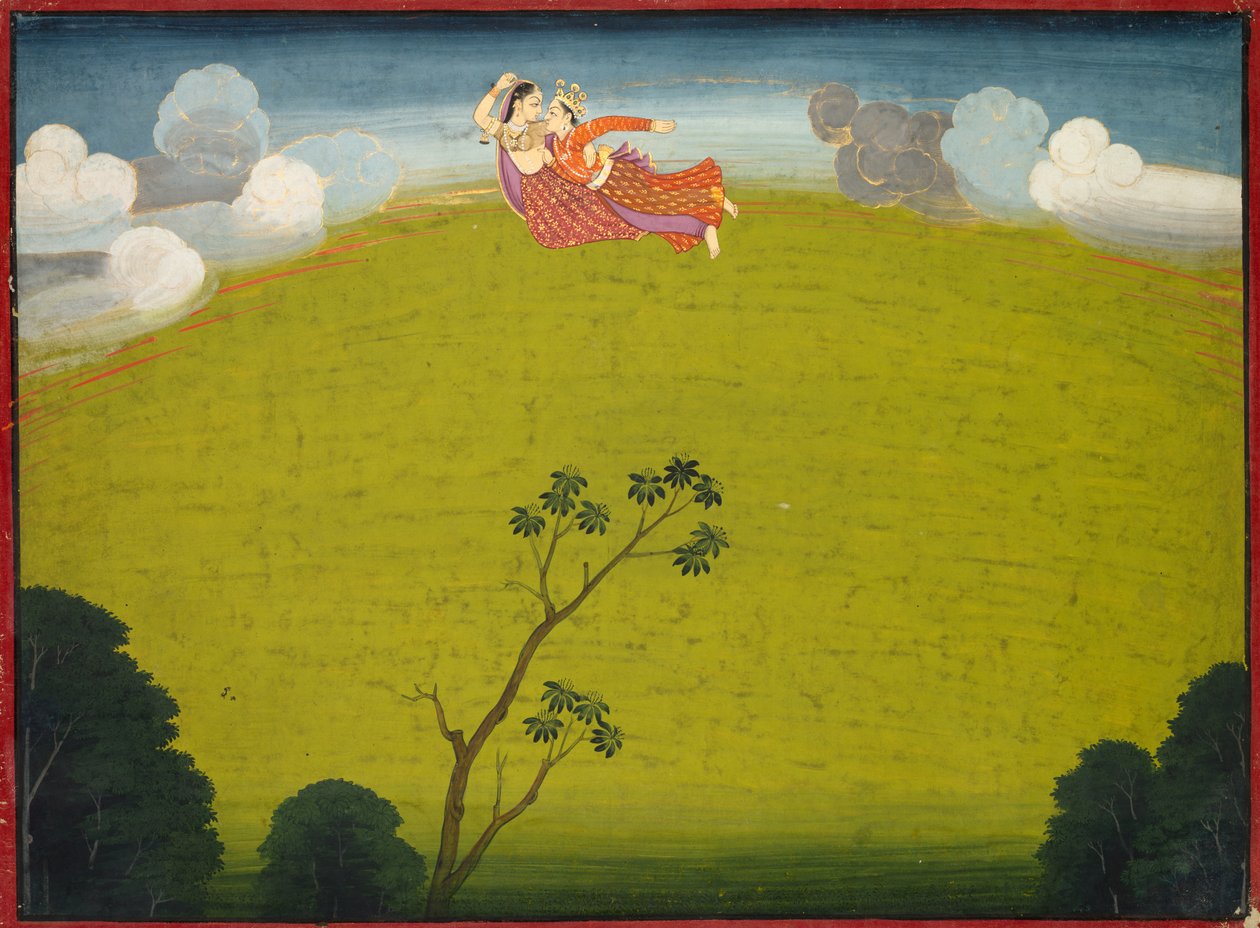 Pradyumna e Mayavati volano a Dvaraka, dal Grande Basohli Bhagavata Purana da Unknown artist