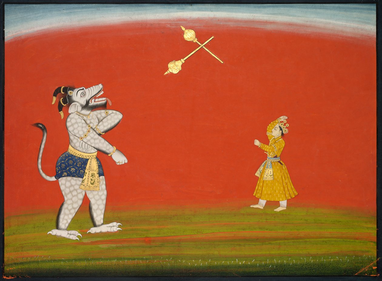 Pradyumna e Samvara combattono con mazze: Foglia dal "Grande Basohli Bhagavata Purana" da Unknown artist