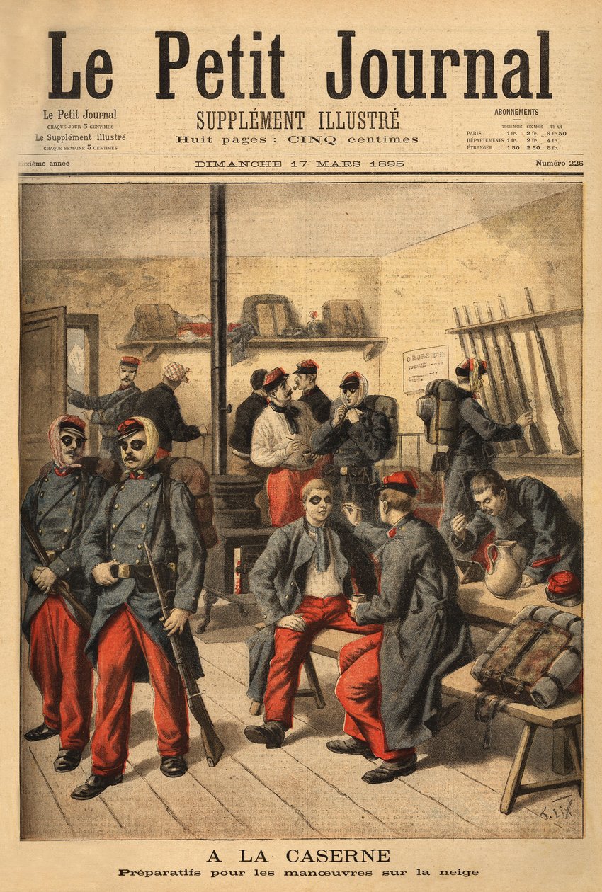 Preparativi per le manovre sulla neve, invece di indossare occhiali con vetri fumé, i soldati sono circondati da fuliggine nera. da Unknown artist