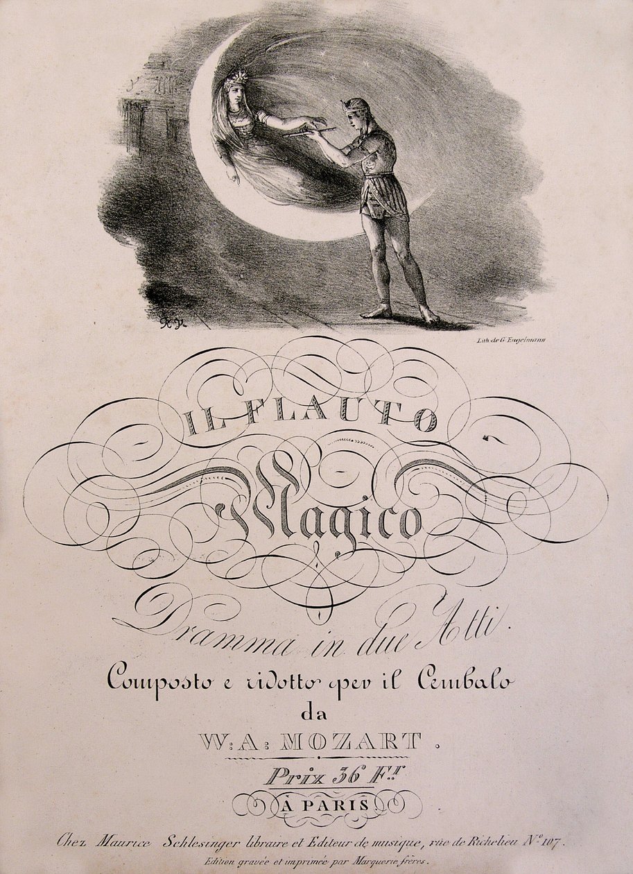 Il principe Tamino riceve il flauto magico dalla Regina della Notte, illustrazione di copertina del libro di partiture di "Il flauto magico" (Die Zauberflöte) (1791) di W.A. Mozart da Unknown artist