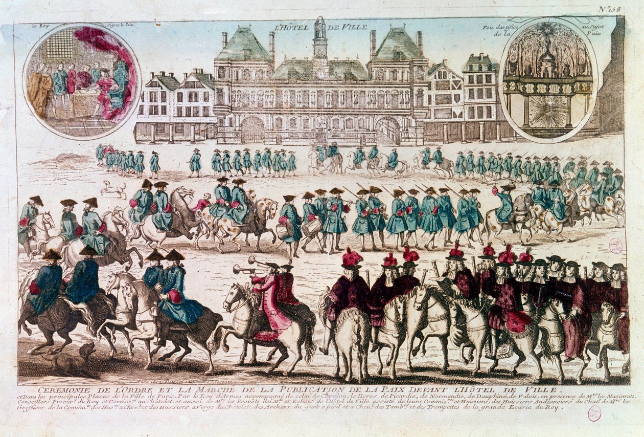 Processione in occasione della Cerimonia di Pubblicazione della Pace davanti al Municipio (Place de Greve). Incisione del XVIII secolo B.N. Parigi da Unknown artist