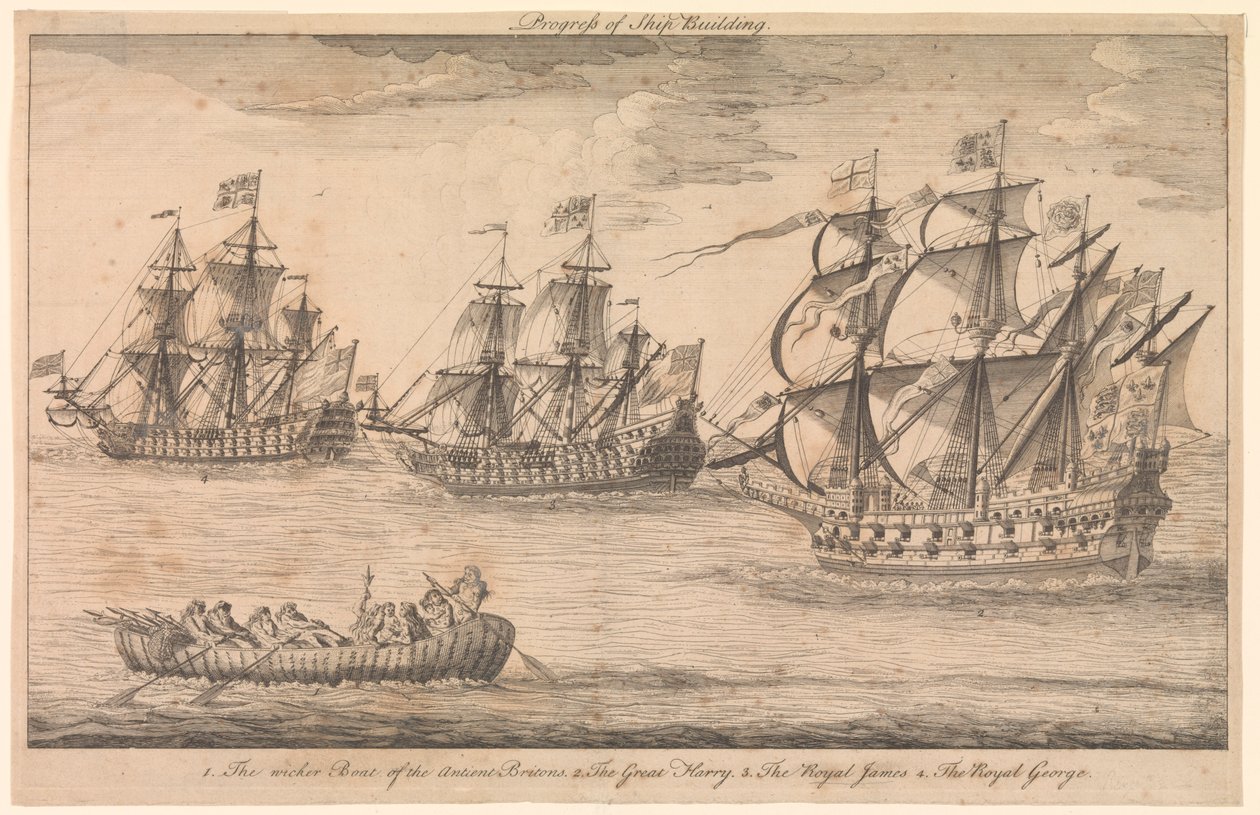 Progresso della costruzione navale. 1. La barca di vimini degli antichi Britanni 2. The Great Harry 3. The Royal James 4. The Royal George da Unknown artist