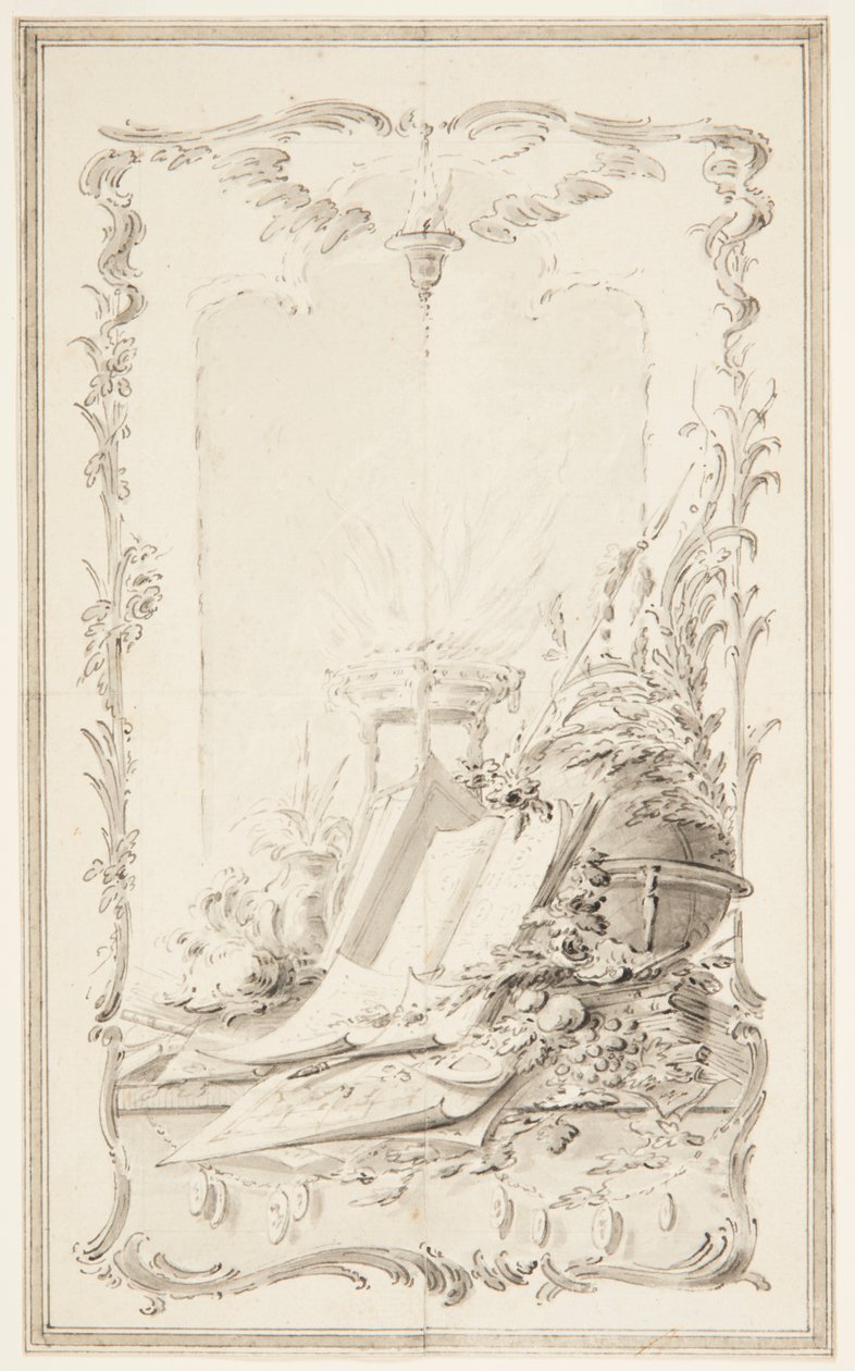 Progetto per illustrazione di un libro; Un pannello con attributi delle scienze e di un eroe da Unknown artist