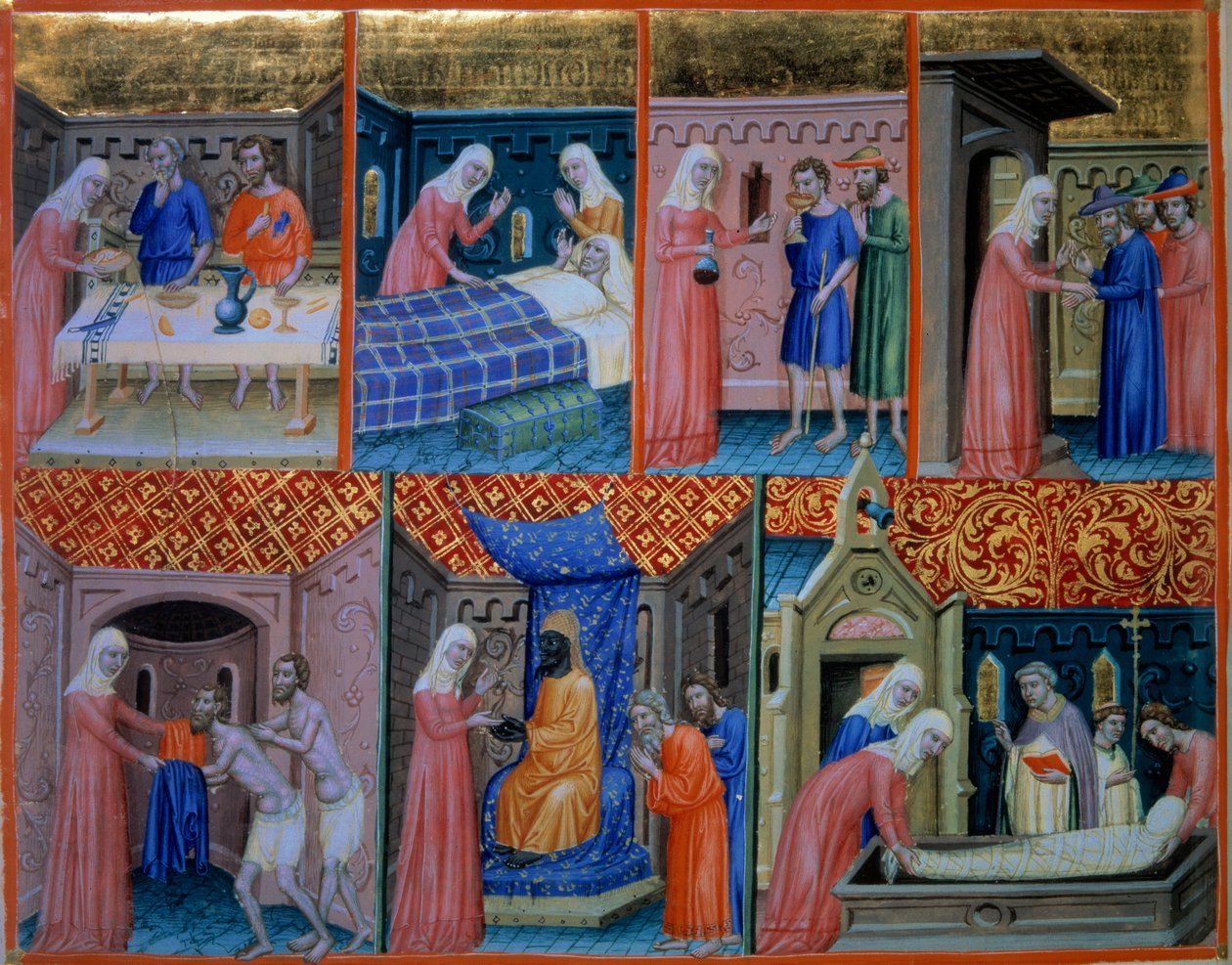 Salmo 88: Carità. Donna che serve due poveri a tavola, visita un malato, dà da bere a due prigionieri, accoglie viaggiatori, dona vestiti, compra prigionieri e seppellisce un morto. Miniatura nel 
